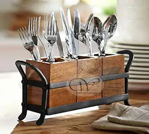 أدوات مائدة من الخشب حامل ل طاولة طعام مع 3 جرة خشبية واحدة موقف الحديد المطاوع