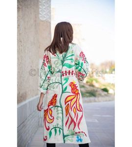 Manteau Chapan en coton naturel brodé pour femmes et filles, robe longue décorée de soie - Product Image 1