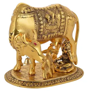 High Quality Cow with Krishna Brass Like Metal Showpiece Trending with high finishing for Home Decor and Decorative Gift Items