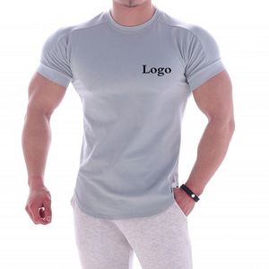 Haute qualité doux coton hommes Gym T-Shirt basique noir ourlet incurvé décontracté Muscle Fit Sport Fitness haut impression personnalisée - Product Image 5