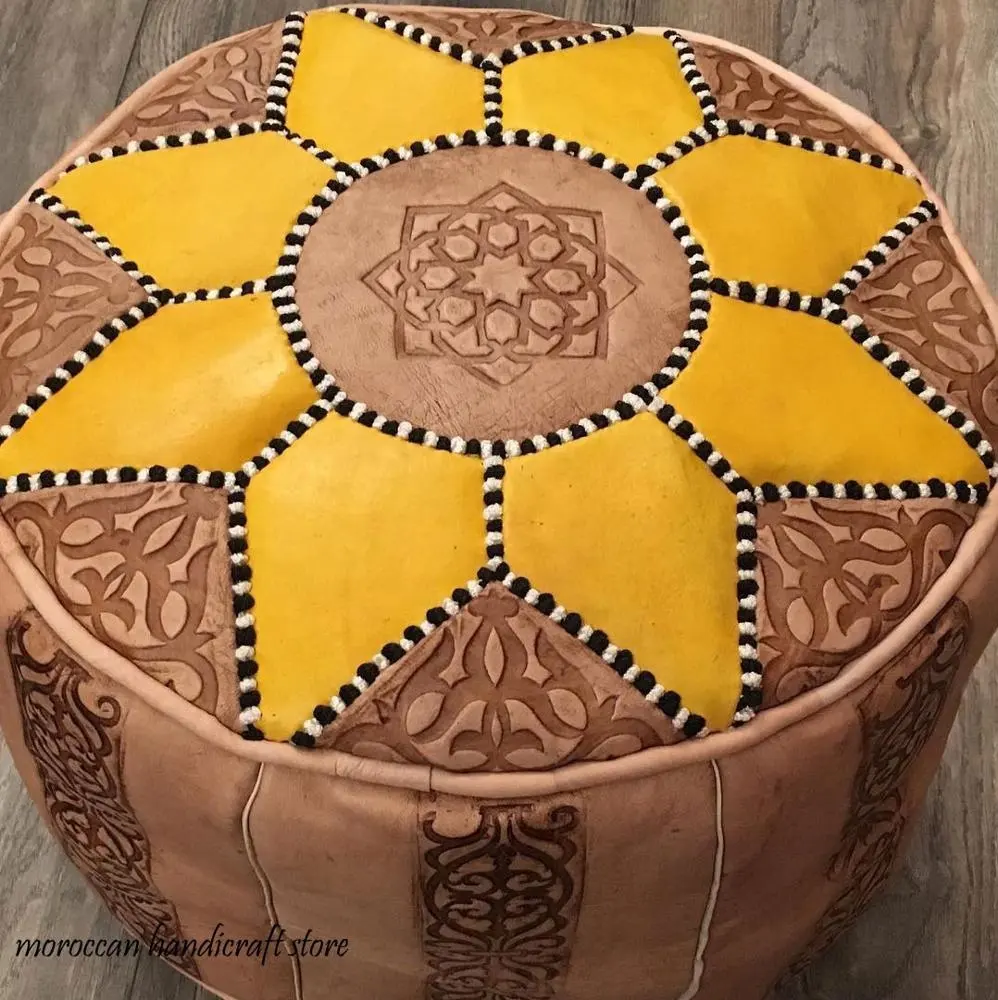 Vintage Moroccan Leather Ottoman Pouf -Tan and Yellow