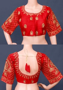 ผ้าไหมสีแดงเข้มหรูหราพร้อมทำเสื้ออินเดียออกแบบพิเศษเสื้อกำมะหยี่ที่อุดมไปด้วยงานปักสีดำและสีทอง - Product Image 3