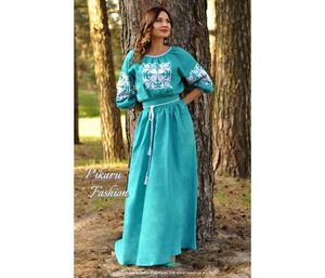 Haute qualité élégante robe de soirée dame ukrainienne Floral brodé motif bouffée à manches longues étage longueur tissé tissu plage - Product Image 1