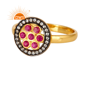 Anillo de cóctel de circonia roja y blanca, joyería brillante chapada en oro de 14k, proveedor de joyería - Product Image 1