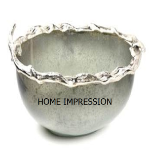 Cuenco de textura martillada atractiva pulida con espejo Brillante De plata fundida de aluminio con asas vajilla y cuenco decorativo para hoteles - Product Image 2