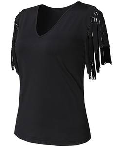 T-shirt à manches glands pour femmes Hauts élégants Vêtements pour femmes Motif solide Vêtements réguliers Longueur Prix raisonnable de haute qualité - Product Image 2