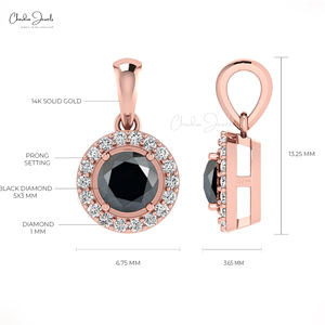 Colgante de Diamante Negro Natural, joyería fina de oro sólido de 14k, Diamante de Halo, Diamante redondo de 4mm, joyería única - Product Image 4