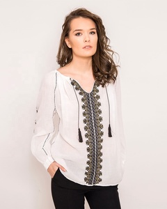 Women's <b>White</b> Linen Bohemian Blouse Embroidery Tassel V-Neck <b>Balloon</b> Sleeve Loose Fit Eco-Friendly Rajasthan Spring Summer Top - Product Image 1