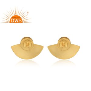 <b>Green</b> Emerald Gemstone Earrings Wholesale Textured Fan Shaped 18k Gold Plated 925 Silver Stud Earrings Jewelry - Product Image 3