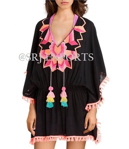 Caftán Bohemio Indio con Cuello en V, Manga Larga, Cómodo, Exquisito, Cintura Imperio, Dobladillo con Borlas, Alta Demanda, Bordado a Mano, Encaje, Rayón - Product Image 3