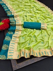 Thaya — saree de travail en soie et broderie, couleurs vertes, nouvelle conception, vente en gros, 2022 - Product Image 2