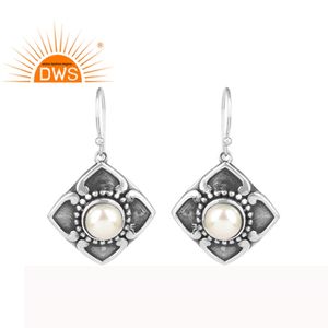 Boucles d'oreilles pendantes artisanales en perles et pierres précieuses oxydées, en argent 925, style bohème géométrique, pour grossistes et fabricants - Product Image 1