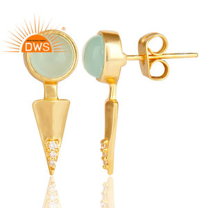 Diseñador amarillo chapado en oro Aqua Calcedonia piedra preciosa 925 Plata Stud pendiente joyería mayorista colección clásica - Product Image 3