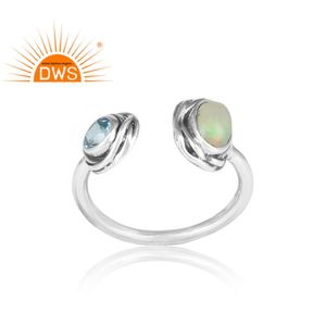 Bague de mariage ouvrable en argent sterling 925 oxydé avec opale éthiopienne naturelle et topaze bleue sertie clos, unisexe - Product Image 2