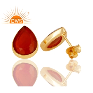 Natural Carnelian Gemstone Pear Shape Trendy <b>Wedding</b> Stud <b>Earrings</b> 14k Gold Plated 925 Sterling <b>Silver</b> Flat Back - Product Image 3