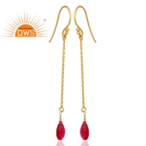 <b>Red</b> Aventurine Gemstone Chain Drop Earring Jewelry Supplier Designer Gold Plated 925 Sterling Silver Manufacturer - Product Image 2