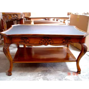 Wooden Coffee Table French w leather Top Mahogany Wood Antique Reproduction Furniture