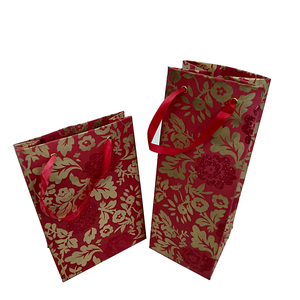 Custom <b>Made</b> Large Kraft <b>Paper</b> Bags with Flower Print Design Red Golden Color Handcrafted Recyclable Kraft Handle for Packing Set - Product Image 1