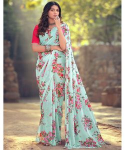 Ropa de fiesta Diseñador Bordado Red Diseño de flores de seda Ropa de mujer India Color naranja Saree con pieza de blusa Trabajo de perlas Sari Apparelgarment - Product Image 1