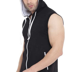 Sweat à capuche uni sans manches avec fermeture éclair 100% coton pour hommes - Product Image 3