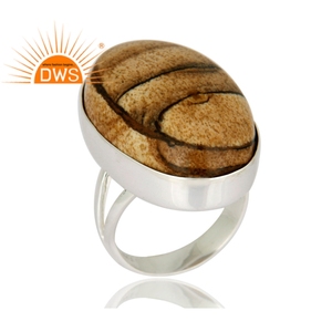 Anello da Cocktail Artigianale in Argento Sterling 925 Massiccio con Gemma Naturale Diaspro Immagine, Montatura a Castone Trendy, Gioielli da Sposa - Product Image 2