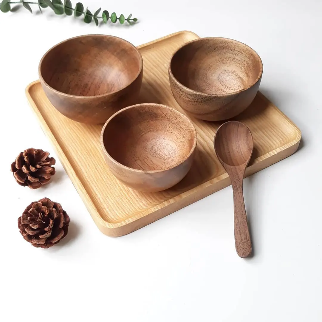 الجملة وعاء خشبي مجموعة أدوات المائدة عشاء مجموعة الطبيعي جولة تخدم سلطة خلط عالية الجودة صديقة للبيئة