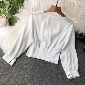 เสื้อเบลาส์คอวีของผู้หญิง,เสื้อทรงสลิมมีกระดุมแนวเซ็กซี่ใหม่ฤดูใบไม้ผลิฤดูร้อน - Product Image 3