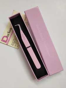 Pinzas de pestañas de volumen Rosa bebé de acero inoxidable personalizables con caja de tarjetas Impresión de logotipo personalizado - Product Image 4