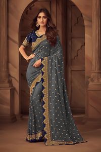 Sari de encaje con borde de trabajo bordado de estilo indio pesado para damas hecho de seda para fiestas - Product Image 2