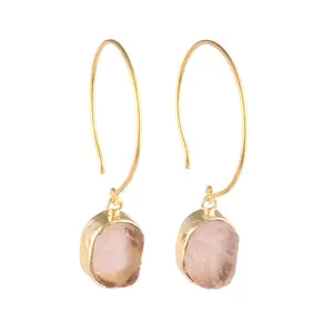 Pendientes colgantes de cuarzo rosa Natural para mujer, aretes de aro hechos a mano, piedra de nacimiento chapada en oro, regalo de joyería - Product Image 1