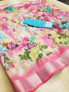 ชุดส่าหรีพิมพ์ลายเสื้อเบลาส์ที่สวยที่สุดผ้าอินเดียลูกไม้ขอบเป็นเส้นไหมที่สวยงามมากสำหรับผู้หญิงส่าหรี - Product Image 2