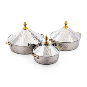 Ensemble de marmites classiques de forme ronde écologiques pour servir des aliments de 3 casseroles isolées faites à la main en acier inoxydable - Product Image 1