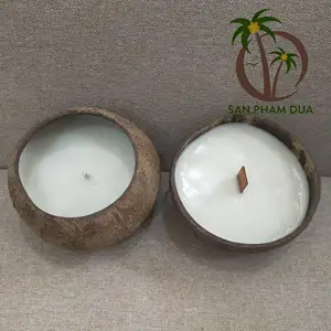 SUPPLIER COCONUT SHELL HOLDING CANDLE OF PALM WAX AND SOYA WAX CHEAP PRICE FROM VIETNAM/ COCONUT BOWL CANDLES VARIOUS SCENTS