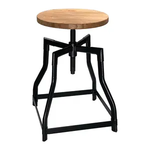 Round Industrial Antique Style Bar Stool , Adjustable Screw Seat Mango Wood And Iron