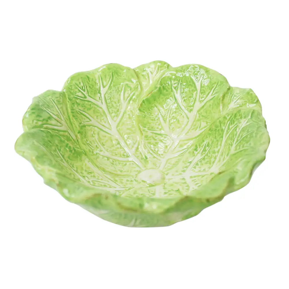 Vintage Leaf Shaped Ceramic Cabbage Soup Salad Pottery Bowl