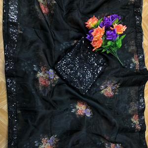 Nouvelle dernière réception porter Organza imprimé Saree femmes portent Sari avec chemisier pièce indien adultes inde et Pakistan soutien alphanumero - Product Image 1