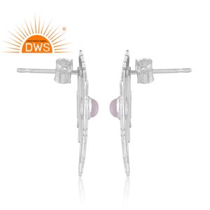 หินอัญมณีสีรุ้งดวงจันทร์ธรรมชาติดีไซน์ทำด้วยมือต่างหูแบบเม็ดกลมพื้นผิวสีเงินแท้ผู้ผลิตเครื่องประดับ - Product Image 3