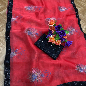 Look le plus tendance Festival porter Organza imprimé Saree avec chemisier pièce femmes indiennes portent Sari pas cher bas prix en gros Alphanumero - Product Image 1