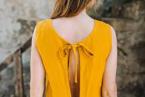 Robe en lin col rond, sans manches, longueur au genou, pour fille, tenue tendance, de couleur orange, nouvelle collection 2020 - Product Image 3