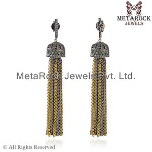 Yellow Vermeil Oxidized 925 Silver Pave Diamond Designer Push <b>Back</b> Handmade Tassel Chain <b>Earrings</b> Jewelry Wholesale - Product Image 2