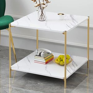 Modern 2-Tier Square <b>White</b> Marble Top <b>Side</b> End <b>Table</b> with Gold Frame 2-Tier Storage Shelf for Living Room Bedroom Decoration - Product Image 4