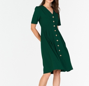 Vestido Formal de Verano Verde con Cuello en V, 100% Lino Crepé, a la Moda, Sexy, Largo hasta la Rodilla, con Botones, Talla XL - Product Image 2