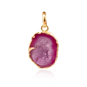 Gold Electroplated Pink Geode Druzy Gemstone Necklace | Oval Shape Stone Wholesale Women Necklace Jewellery. Mode Joyas, N-252