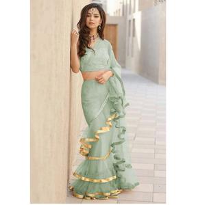 Bordado de borde de encaje Trabajo Sari con blusa Precio bajo Mercado al por mayor Señoras Sari Ropa de fiesta Boda Tela de Red India ApparelGarment - Product Image 1