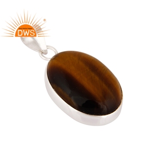 Colgante de plata de ley 925 sólida para mujer, joyería al por mayor de piedras preciosas de ojo de tigre ovalado grueso - Product Image 2