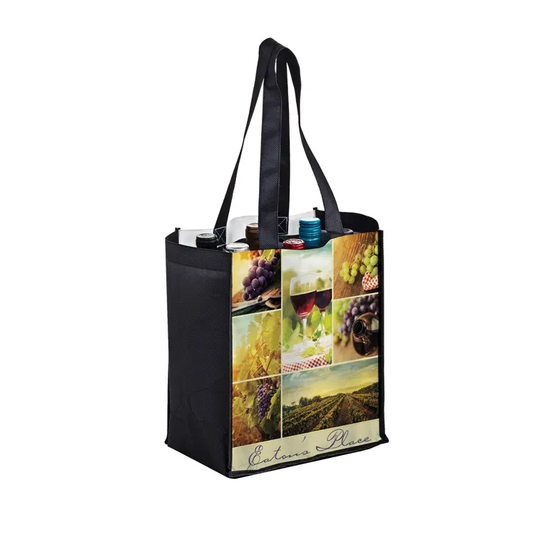 BULK Eco Friendly reusable Carrier Pack PE ด้านล่างทอ 6 ขวดไวน์แบบพับได้ Tote ถุงช้อปปิ้งสำหรับแบ่งขวด