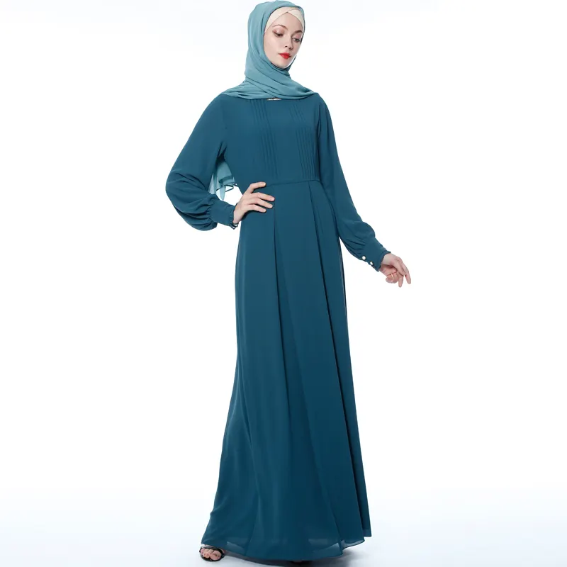 Venta al por mayor, vestido de gasa para mujeres musulmanas, vestido largo plisado con patrón de moda, ropa de mujer