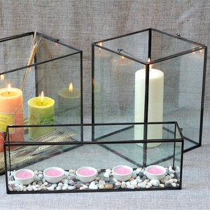 Soporte de vela Rectangular colgante para decoración del hogar, farol de Metal y vidrio moderno negro para decoración de Hotel y oficina - Product Image 4