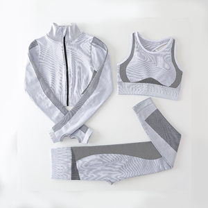 OEM-Conjunto de ropa de yoga con cuello levantado, transpirable, con cremallera, manga larga, cintura alta, pantalones ajustados, sujetador cruzado, 3 piezas - Product Image 1