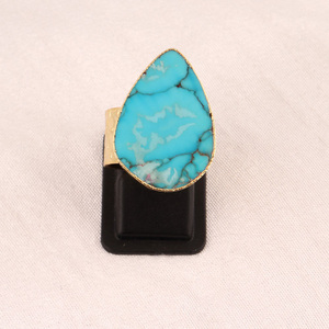 Bague en turquoise bleue en gros, bague à bande épaisse réglable, bijoux en laiton doré, bagues de créateur tendance, bague unisexe, cadeau - Product Image 4